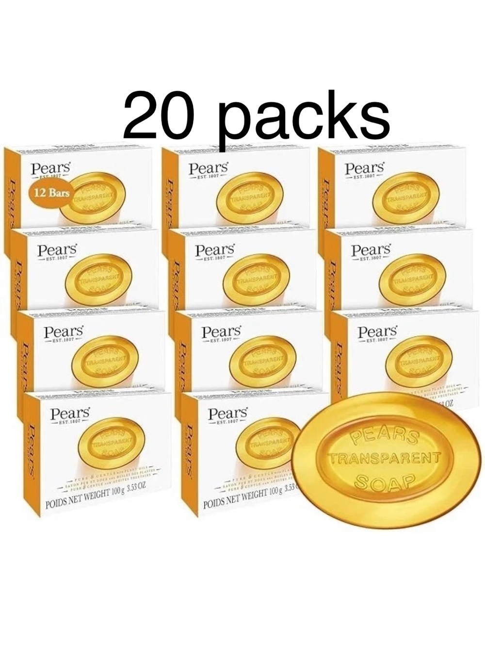 Pears Soap, Pure & Gentle with Natural Oils, 20 Pack – Transparent Amber Glyceri